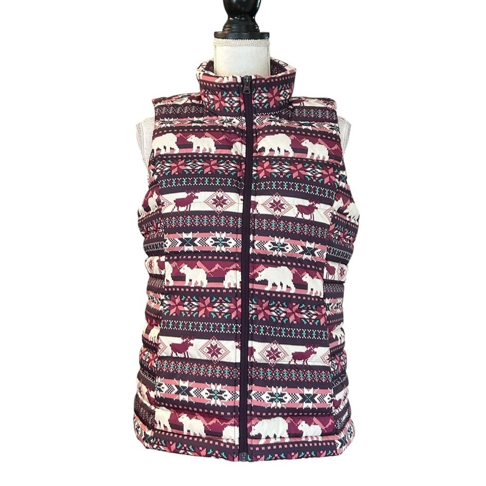 Lands End Fair Isle 600 down fill‎ Puffer Vest Purple Moose Nordic SZ Small 6-8